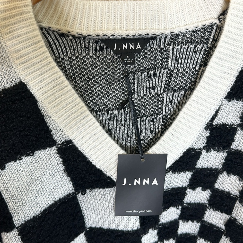 J.NNA Oversized Knit Checkered Pattern V-Neckline Sweater Womens Size Small - Picture 5 of 10
